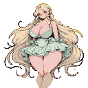 Mature elf woman with long blonde hair, shy smile, and starry eyes, wearing a pastel mint green one-piece outfit with frills and lace.
