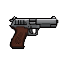 A handgun in profile, with grey metallic slide and barrel, and a brown textured grip, against a black background.