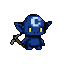 A small, blue goblin with large yellow eyes holds a pickaxe, a glowing crescent moon emblem on its forehead.
