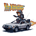 Figure in futuristic helmet and tactical gear, pistol aimed forward, atop a DeLorean DMC-12 with flames from the rear. "EL VOLVERS THE FUTURO" logo in fiery pixelated text hovers above.
