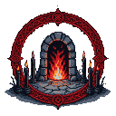A red runic circle with black candles surrounding a stone archway leading to a raging inferno.