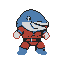 Whimsical fighter with a blue dolphin head, wide grin, and a single pixel eye, wearing a red and blue suit with white-gloved fists, in a playful yet determined stance.