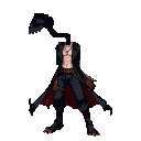 Dark figure with bare, sculpted torso featuring a tattoo, wearing a flowing black trenchcoat with red lining, dark trousers, and talon-like boots. A leather bag hangs at their side.