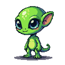 A tiny, bright green alien with a single, large, dark blue eye, pointed ears, and pink cheeks smiles gently.