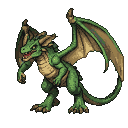 A green dragon with sharp teeth, leathery wings unfurled, and scales of green and brown.