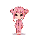 Young girl with light pink hair in buns and matching pajamas, with a gentle expression.
