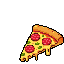 A pixel art slice of pepperoni pizza with golden crust, yellow cheese, red pepperoni slices, and green flecks.