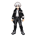 A young hitman with spiky white hair, wearing a black jacket over a white t-shirt and dark pants, stands stoically.