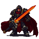 Prymaris, a scarred warrior in armor, holds a glowing orange and yellow power sword, with a deep red cape billowing behind him.