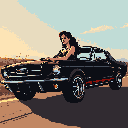 Woman in bikini leaning on a retro black Mustang with chrome wheels and red accents, against a sunset over an arid landscape.