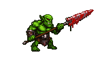 Green orc berserker with glowing red eyes, sharp tusks, and a blood-soaked spear.