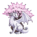 A white dragon with pearlescent scales rests beneath a canopy of pink sakura blossoms.