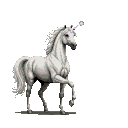 A white unicorn with a spiraling horn stands with its head turned slightly, its mane and tail flowing.