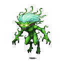 A menacing green goblin-like creature with glowing yellow eyes and wild white hair, snarling with sharp teeth and trailing green energy.