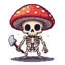 Skeleton wearing a red and white polka dot mushroom cap, holding a small axe.