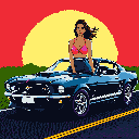 Woman in pink bikini posing on a retro black Mustang with chrome accents against a sunset sky.