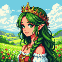 Young woman with long green hair, golden crown, and pointed elven ears, wearing a red and gold dress with white lace trim. She has a serene expression and is looking slightly left. The background shows rolling green hills with red flowers under a blue sky with white clouds.