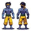 A muscular humanoid character with purple-gray skin, blue tribal markings, short dark hair with a yellow headband, and a cheerful smile. They wear loose yellow pants with a green waistband and are barefoot. The character stands in a dynamic, ready pose.