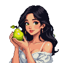 Young woman with dark hair and green eyes holding a green pear, looking contemplative.