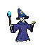 A skeletal wizard in blue robes and a pointed hat with a yellow crescent moon, holding a staff with a glowing orb and a golden chalice.