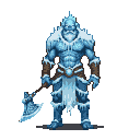 A colossal, imposing ice giant with icy armor, a white beard, and glowing eyes, gripping a massive ice axe.