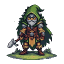 A druid in leather armor with a green cloak, a white beard, and a stern expression, holding an axe.