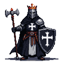 Templar Grand Master in dark robe with white cross, full helmet topped with red crown, holding a spiked mace and a teardrop shield with an inverted white cross.