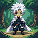 Young boy with spiky white hair and bright eyes, wearing a dark green tunic with silver accents and a white cape, stands in a pixelated forest.