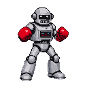 Silver robot with red boxing gloves in a defensive stance.