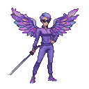 Pixie with katana in purple tracksuit and dark sunglasses, iridescent disco wings in pink, blue, and lavender.