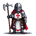 Templar Chaplain in gleaming plate armor, red cross emblem on tunic, crimson cape, holding a flail and a reliquary. Helmet conceals face.