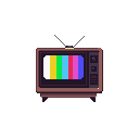 Brown retro television with a colorful vertical test pattern on its screen against a black background.