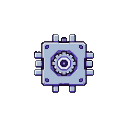 Symmetrical abstract automation core with a central purple and steel-gray gear, encased in a square with four protruding elements on each side.