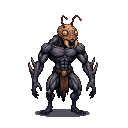 A muscular demon with a dark gray body and the head of an ant, featuring prominent mandibles and bulbous eyes. It wears a rough-spun loincloth.