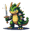 A stout green dragon with golden armor, holding a sparkling sword.