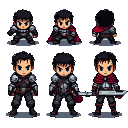 Stoic warrior in dark, metallic armor, with and without a flowing crimson cape, holding a substantial sword.