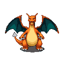 A pixel art Charizard with orange scales and teal wings, crouched and grinning with claws extended.