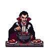 A vampire with a dramatic cape stirs a glowing cauldron filled with a red liquid, with plates of raw meat on either side.