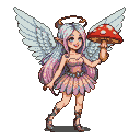 Whimsical pixie with feathered wings and a halo holds a red mushroom aloft.