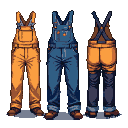Three pairs of vintage overalls: orange, denim blue, and orange with blue accents.