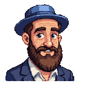 A friendly, bearded man with bright blue eyes and a gentle smile, wearing a blue fedora and a dark blue suit jacket over a white shirt.