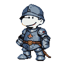 Snoopy as a knight in blue and gray armor with a cross emblem.