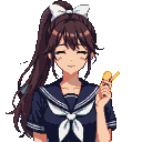 Young woman with dark brown hair in a high ponytail with a white bow, eyes closed, blushing, holding a biscuit in her mouth. She wears a dark Japanese sailor uniform with a white tie. The background is light blue and white with a subtle dotted texture.