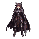 A knight in dark, gleaming armor with sharp horns on her helmet and glowing crimson eyes. A dark cape flows behind her, and a sword is at her side.