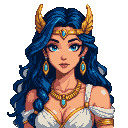 Regal figure with flowing deep blue hair, azure eyes, golden diadem with blue gem, and bejeweled necklace, wearing a white garment with golden trim.