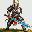 Samurai ronin in dark, gold-accented armor with a horned helmet and glowing red eyes, holding a cyan-bladed sword horizontally.
