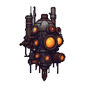 Steampunk gear with glowing orange lenses and circular vents embedded in a dark, weathered casing.