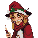 Whimsical Christmas witch with pointed ears, red hat with holly, blonde hair, a thin mustache, and a sly smile, holding a glowing object.