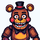 Brown anthropomorphic bear with orange eyes, rosy cheeks, and a wide, toothy grin, wearing a black top hat with a red band and a black bowtie.