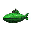 A green submarine in profile, facing left, with a conning tower and curved body.